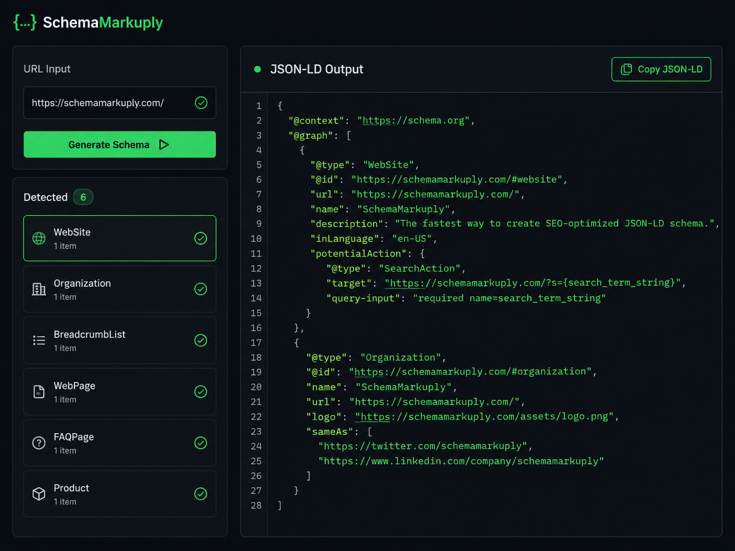 URL input with detected schema types and JSON-LD output panel