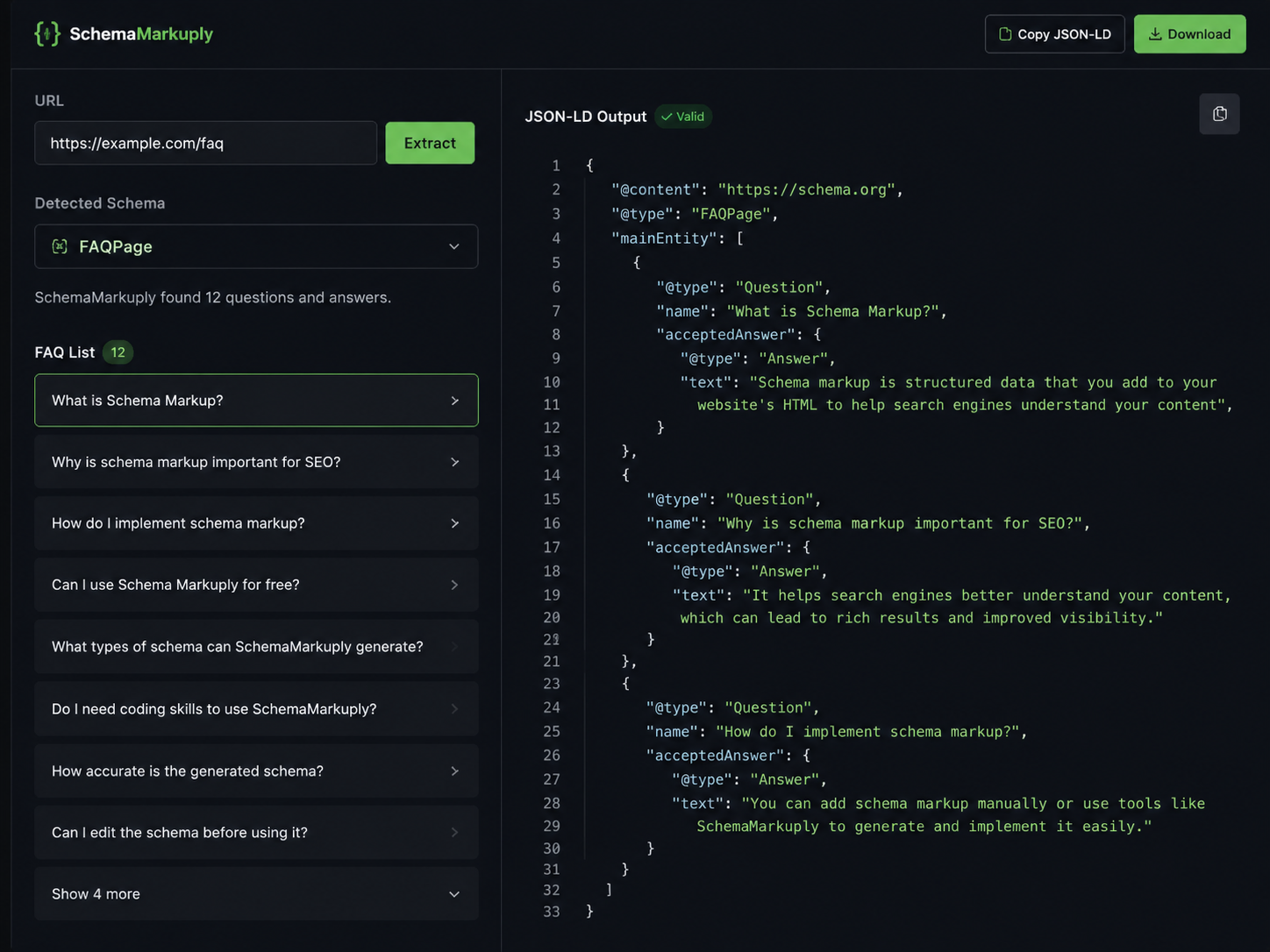 Extracted FAQ list with questions and JSON-LD preview